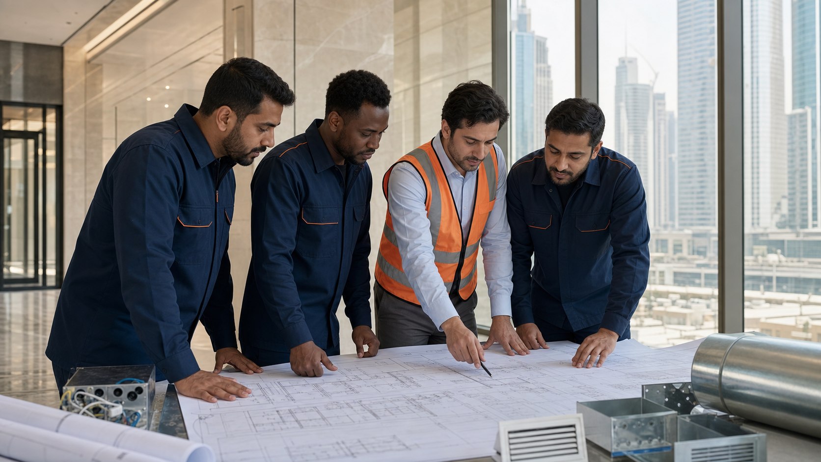 RIOTIME technical team reviewing MEP plans