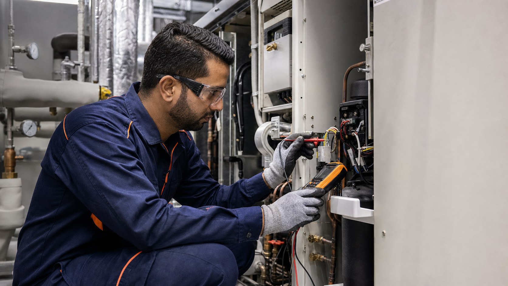 Technician carrying out preventive HVAC maintenance