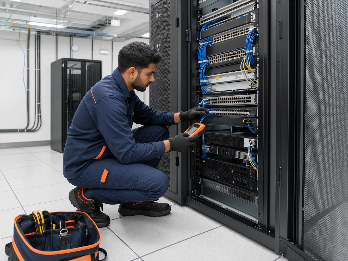 ELV technician testing structured cabling in a professional network rack