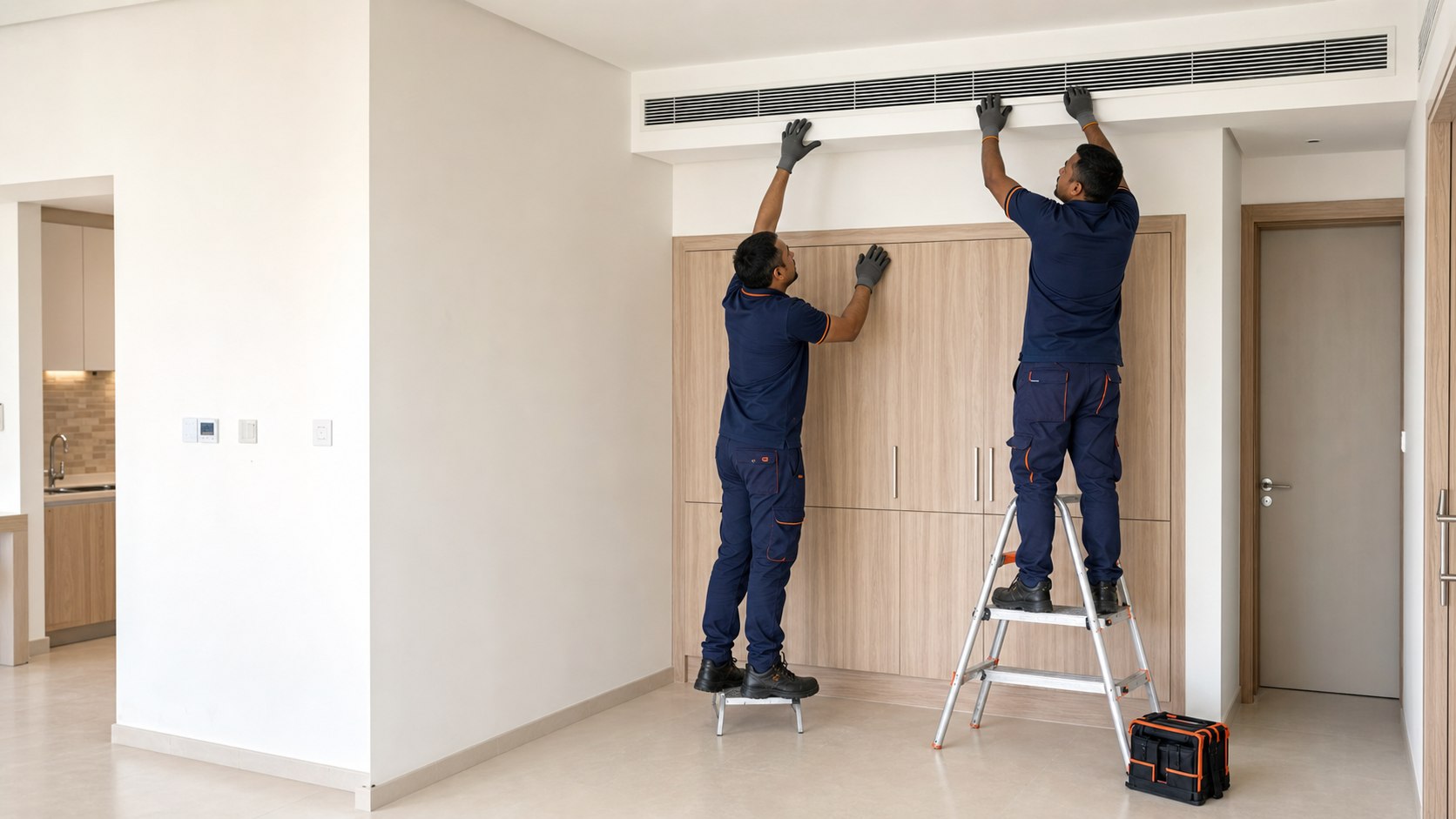 Professional technicians installing a linear air-conditioning diffuser in a modern villa