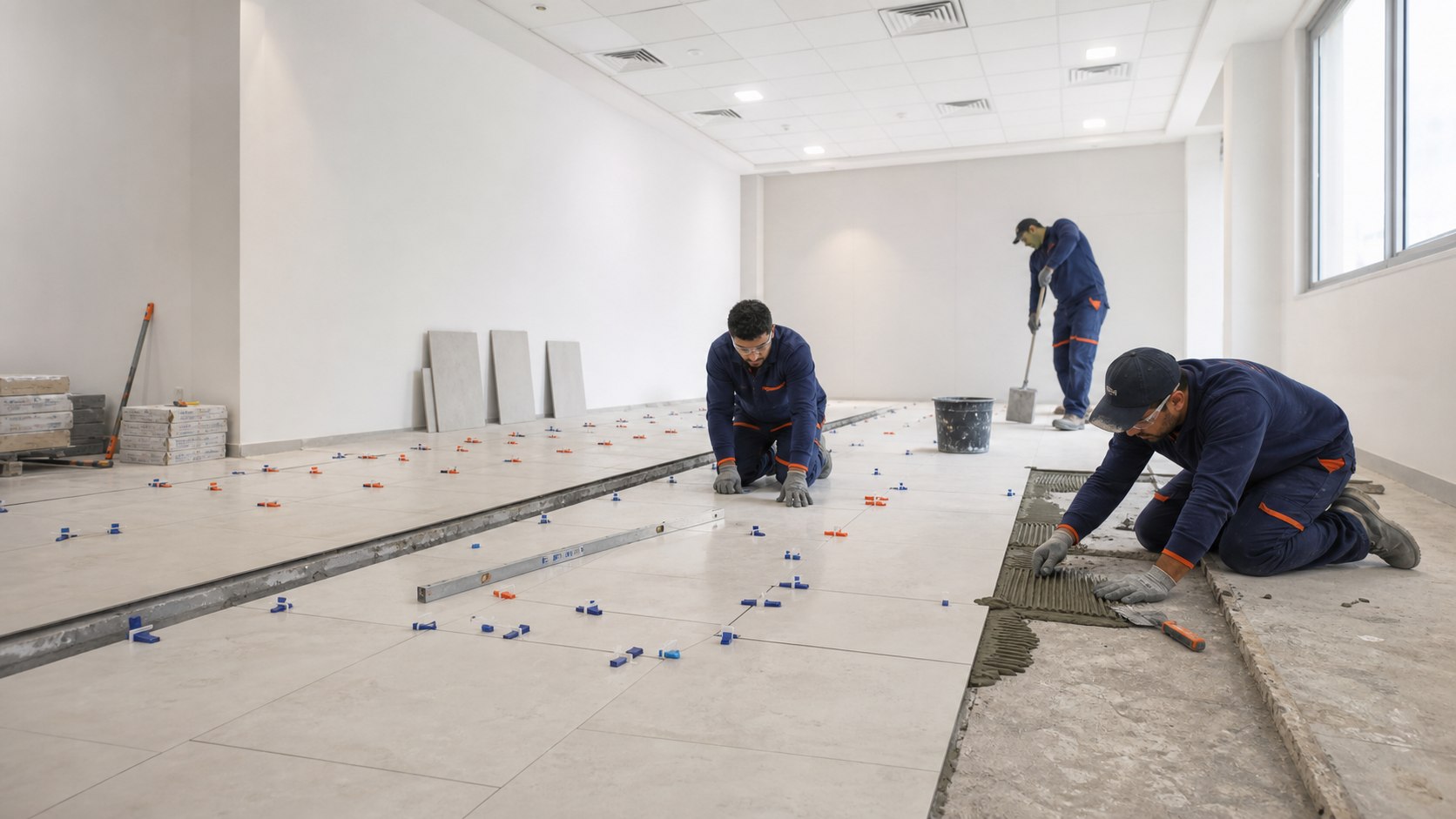 Professional fit-out team installing porcelain floor tiles with levelling spacers
